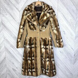 Vintage 70s Faux Fur Long Coat Boho Retro Womens Small Penny Lane Glam Rock